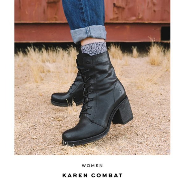$429 Frye Karen Lace Up Black Leather Combat Short Chunky Heeled Moto Ankle Boot - Picture 2 of 15